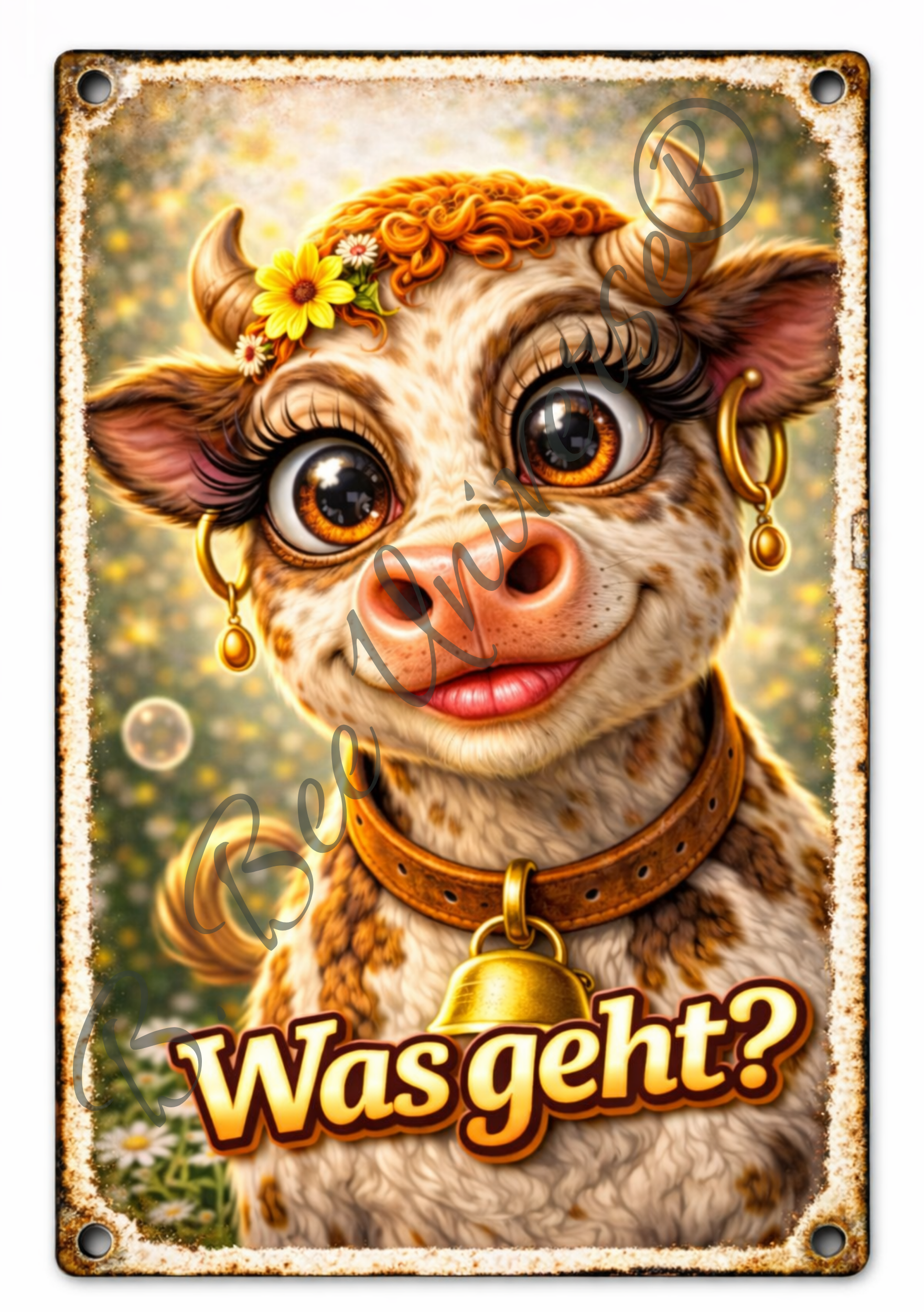 Emaille-Schild, Kuh "Was geht?"