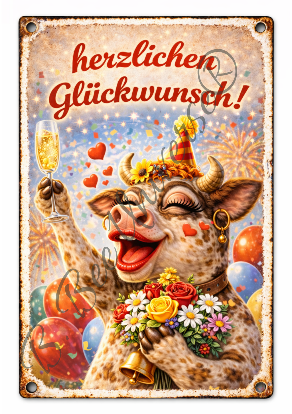 Emaille-Schild, Kuh "Herzlichen Glückwunsch"