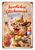 Emaille-Schild, Kuh "Herzlichen Glückwunsch"