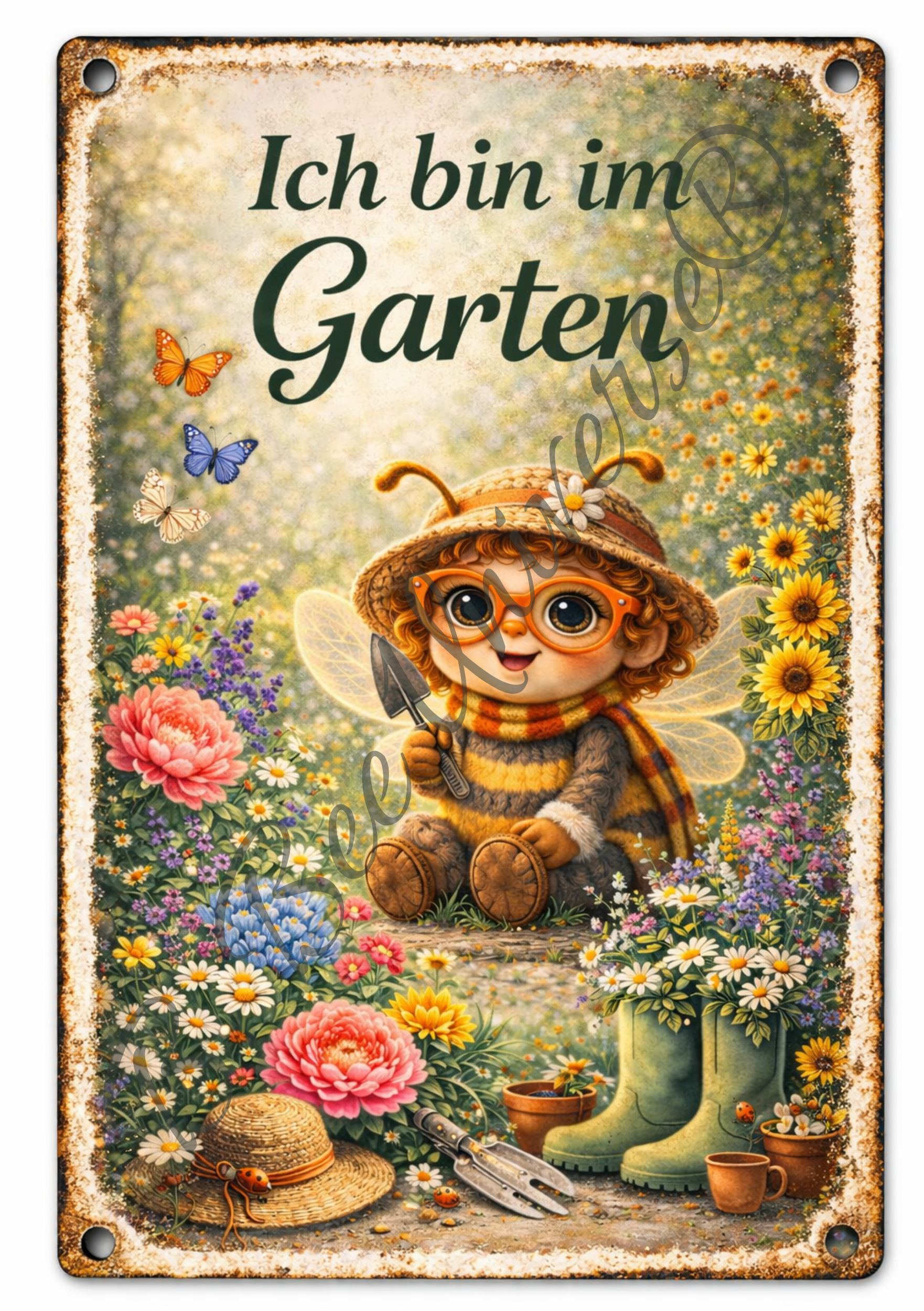 Emaille-Schild, Bella Bee "Bin im Garten“