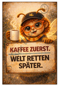 Emaille-Schild, Bella Bee "Kaffee zuerst - Welt retten später"