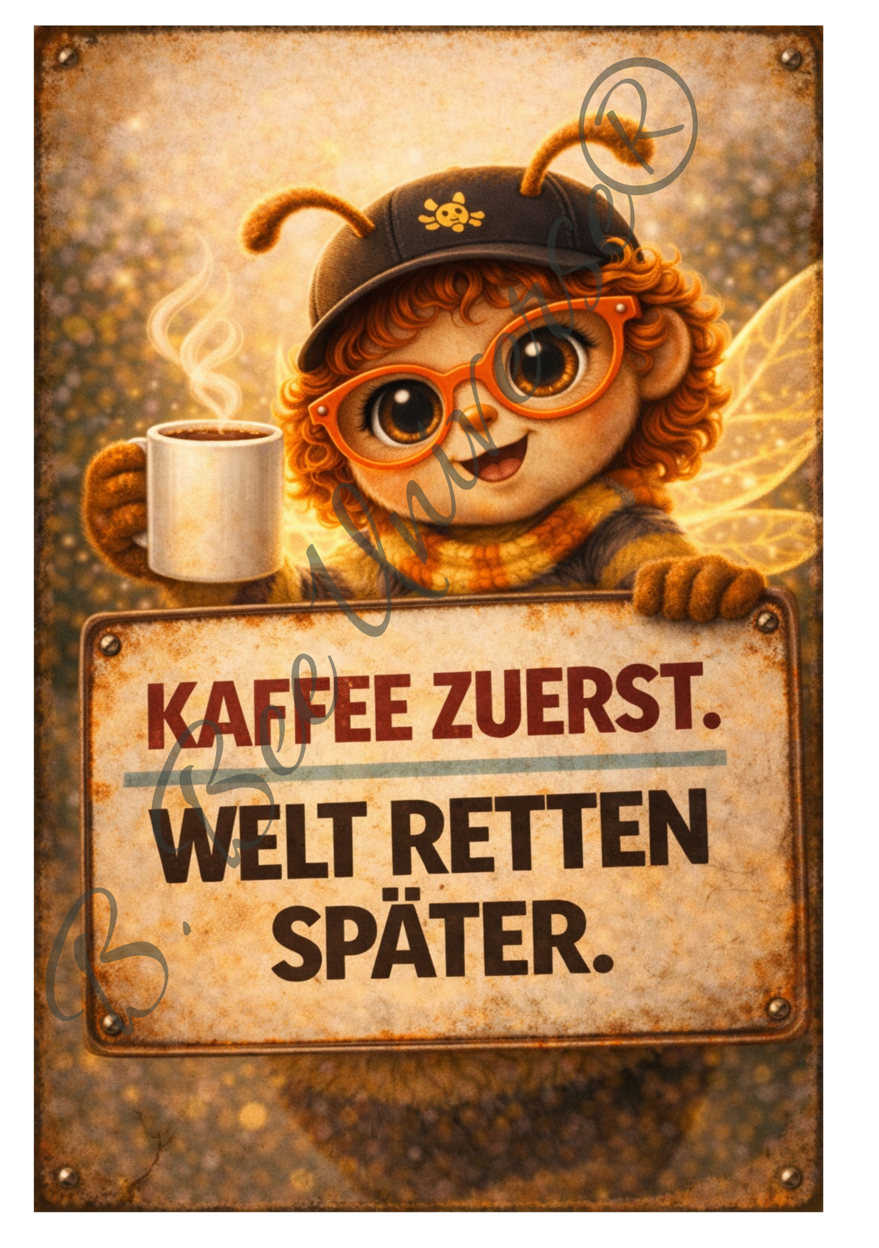 Emaille-Schild, Bella Bee "Kaffee zuerst - Welt retten später"