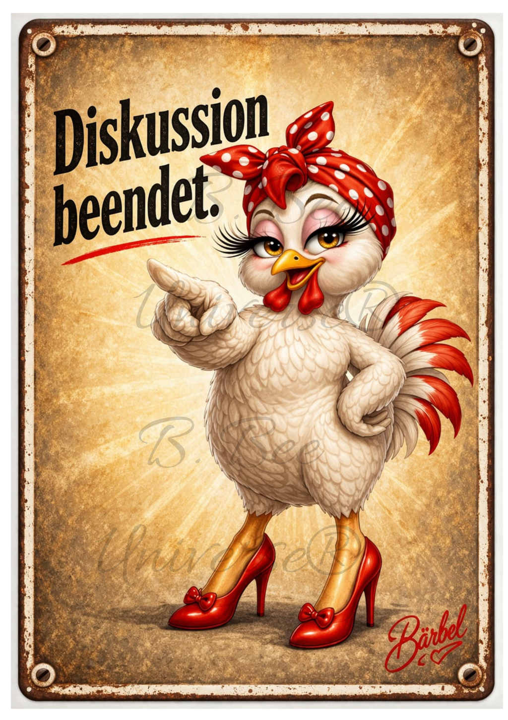 Emailleschild, Bärbel die Henne – Diskussion beendet.