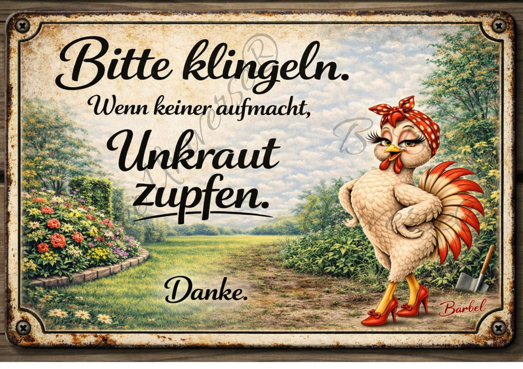 Emailleschild - Bärbel die Henne – Bitte klingeln.