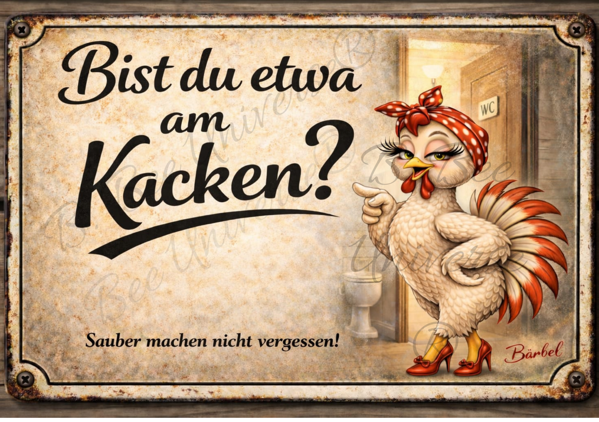 Emailleschild - Bärbel die Henne – Bist du etwa am Kacken?