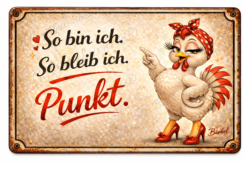 Emaille-Schild „So bin ich. So bleib ich. Punkt.“ - Bärbel die Henne