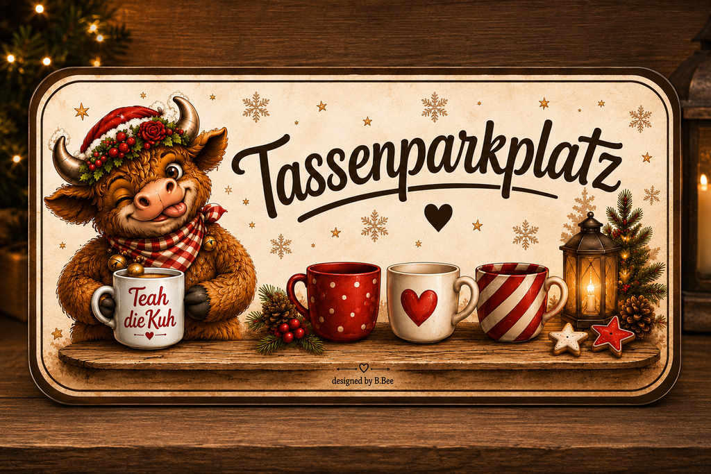 Emaille-Schild „Tassenparkplatz“ – Teah die Kuh