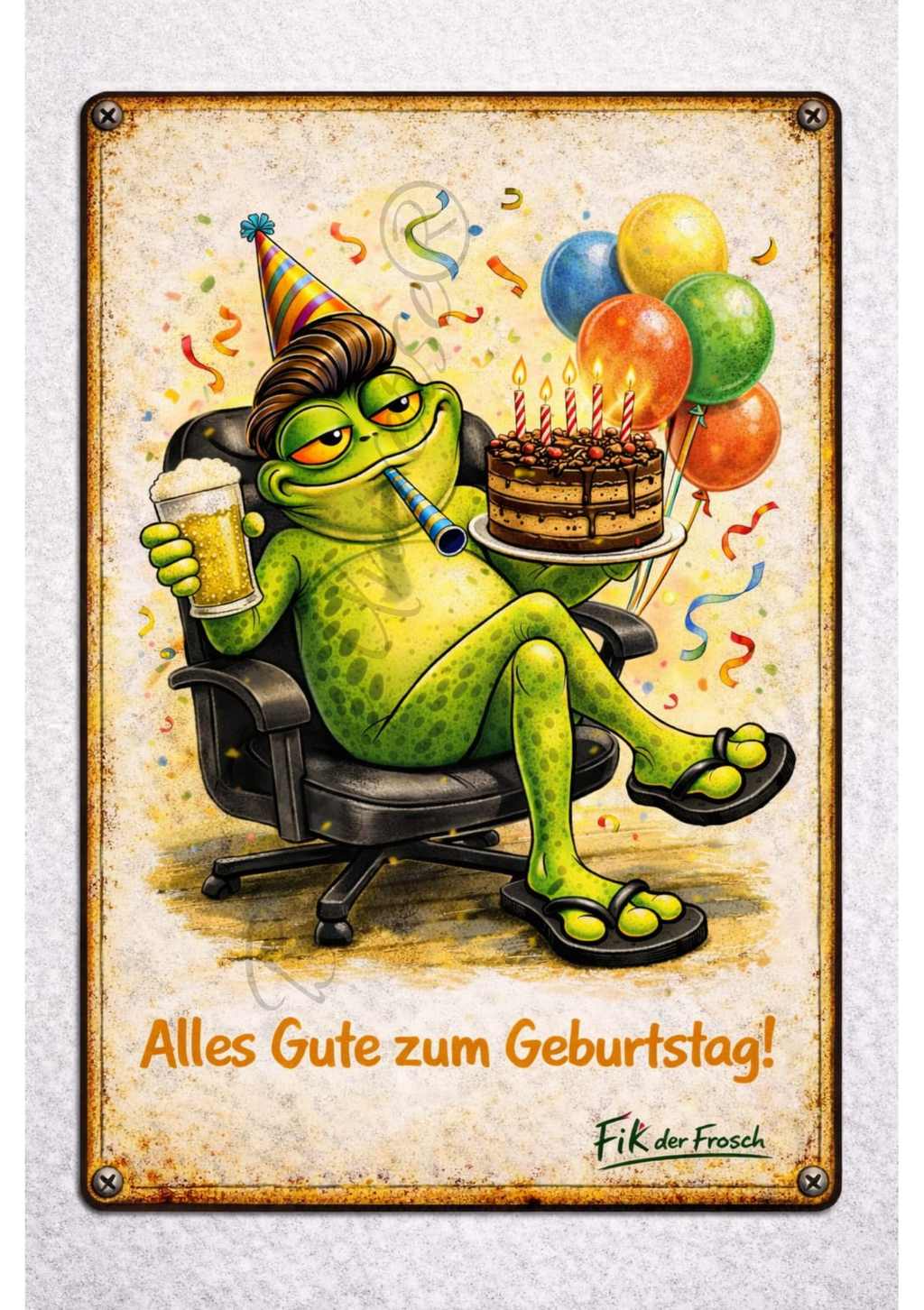 Emailleschild - Fik der Frosch – Alles Gute zum Geburtstag!