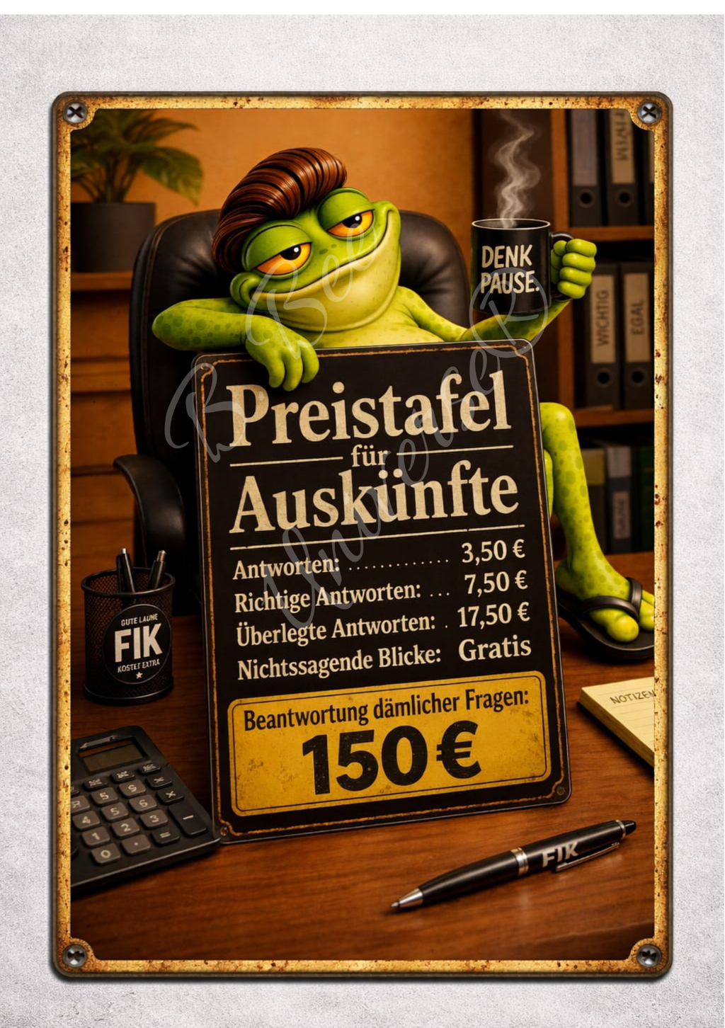 Emailleschild - Fik der Frosch – Preistafel für Auskünfte