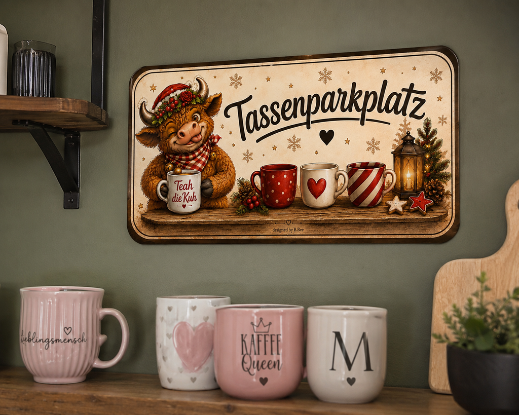 Emaille-Schild „Tassenparkplatz“ – Teah die Kuh