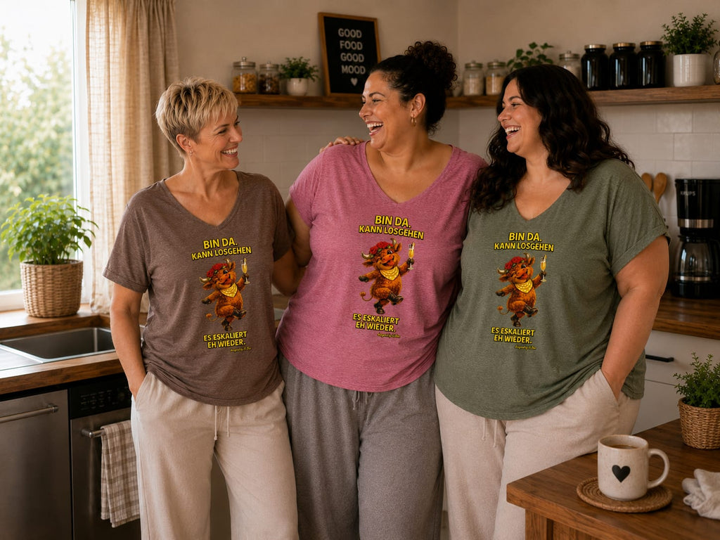 Teah die Kuh – Damen-Shirt „Bin da, kann losgehen. Es eskaliert eh wieder.“
