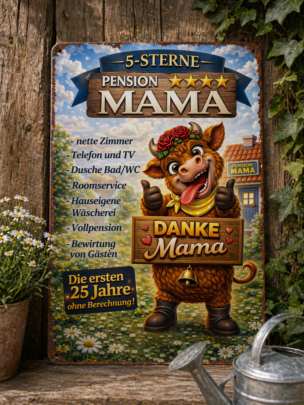 Emailleschild, Teah die Kuh – „Pension Mama“