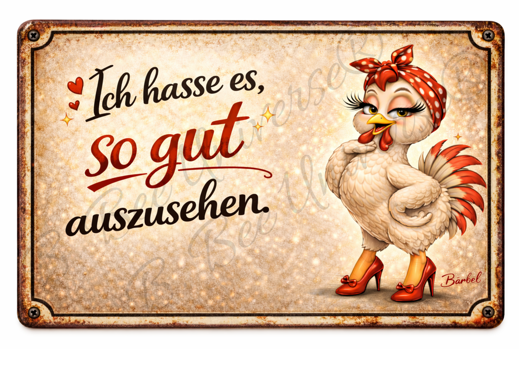 Emaille-Schild „Ich hasse es, so gut auszusehen.“ - Bärbel die Henne
