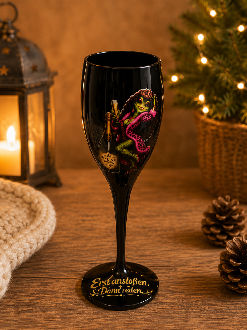 Schwarzes Sektglas „Fikline die Froschkönigin“