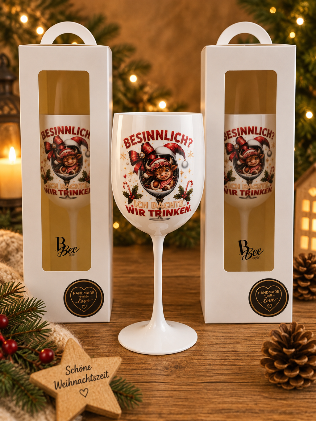 Weihnachts-Weinglas „Besinnlich? Ich dachte, wir trinken!“ Teah die Kuh