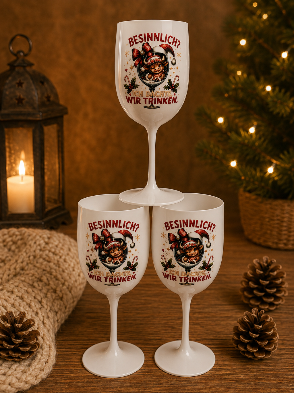 Weihnachts-Weinglas „Besinnlich? Ich dachte, wir trinken!“ Teah die Kuh