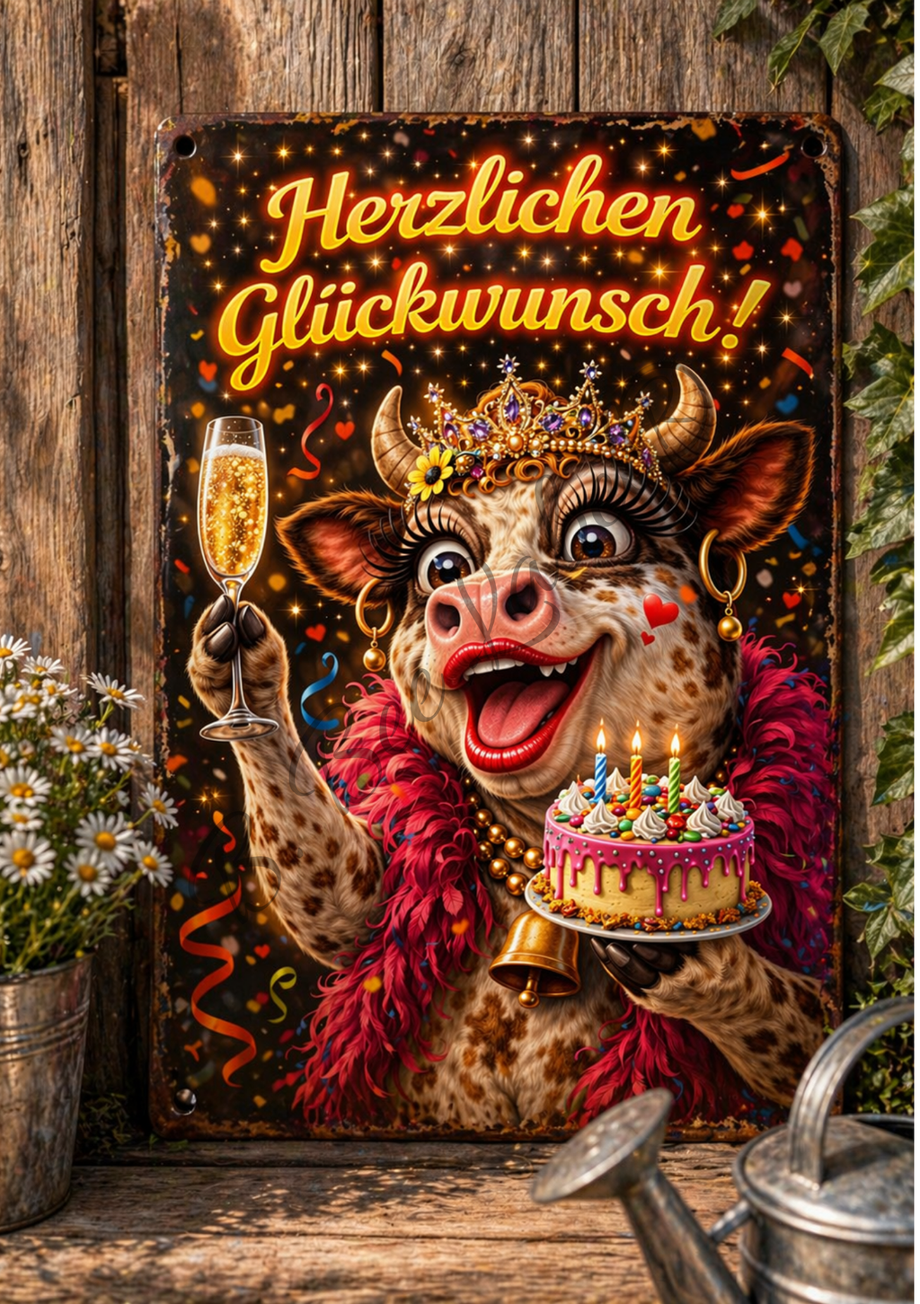 Emaille Schild , „Herzlichen Glückwunsch!“ - lustige Kuh,