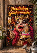 Emaille Schild , „Herzlichen Glückwunsch!“ - lustige Kuh,