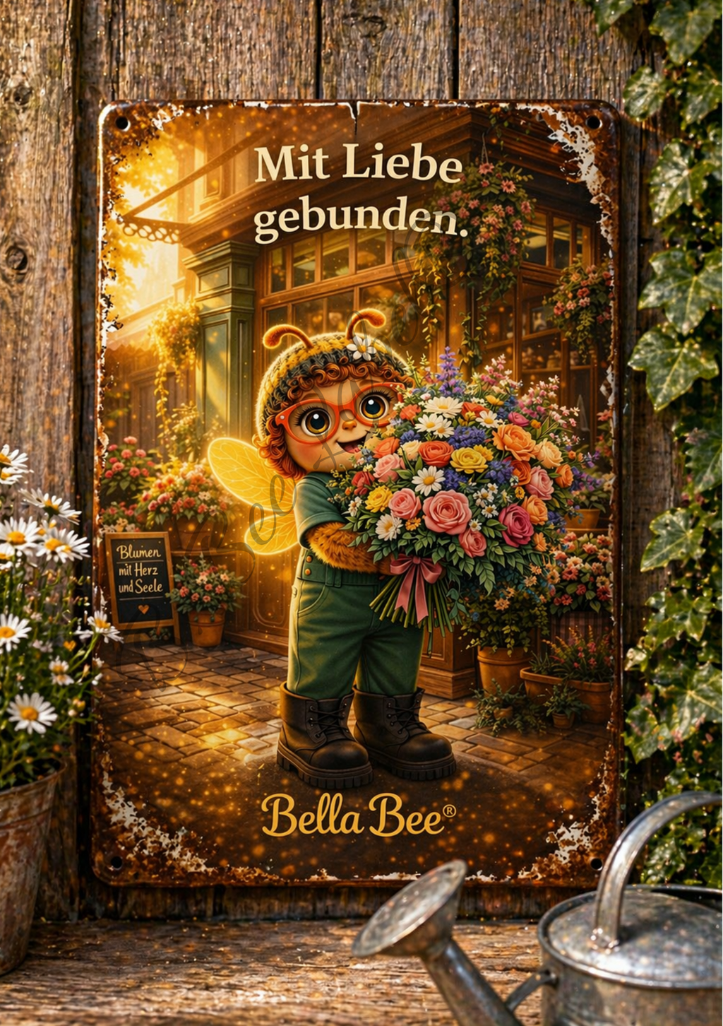 Emaille Schild, Bella Bee® – „Mit Liebe gebunden“ – Blumenladen
