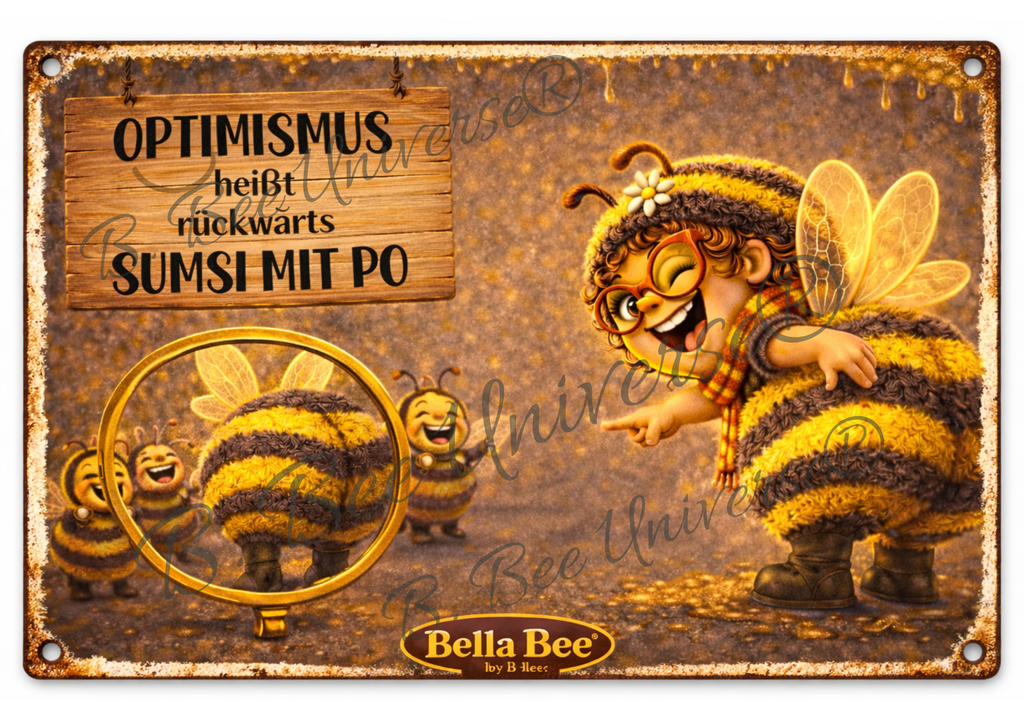 Emaille-Schild, Bella Bee  „Optimismus - heißt rückwärts Sumsi mit Po"