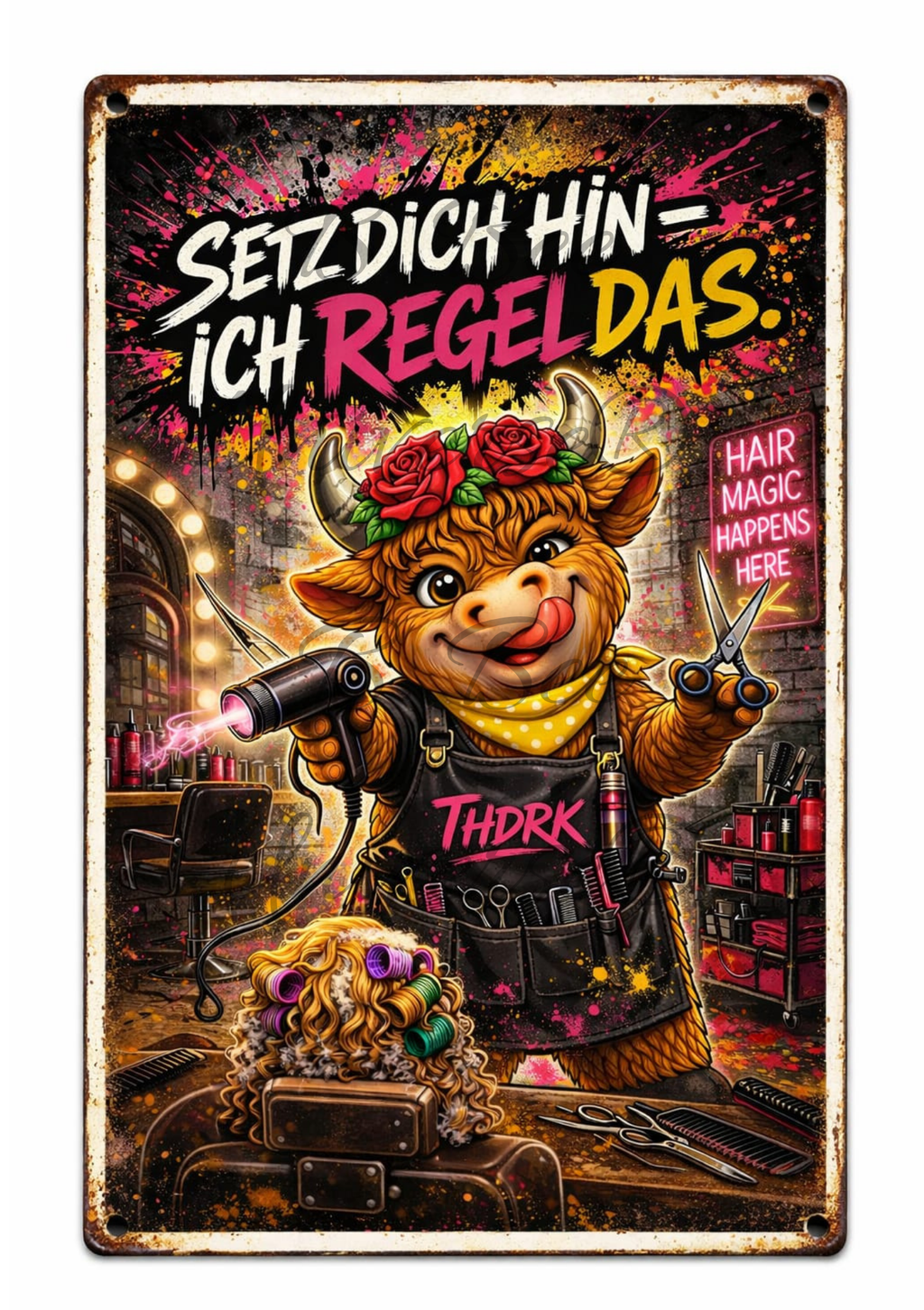 Emaille-Schild, Teah die Kuh, „Setz dich hin – ich regel das.“  Friseur
