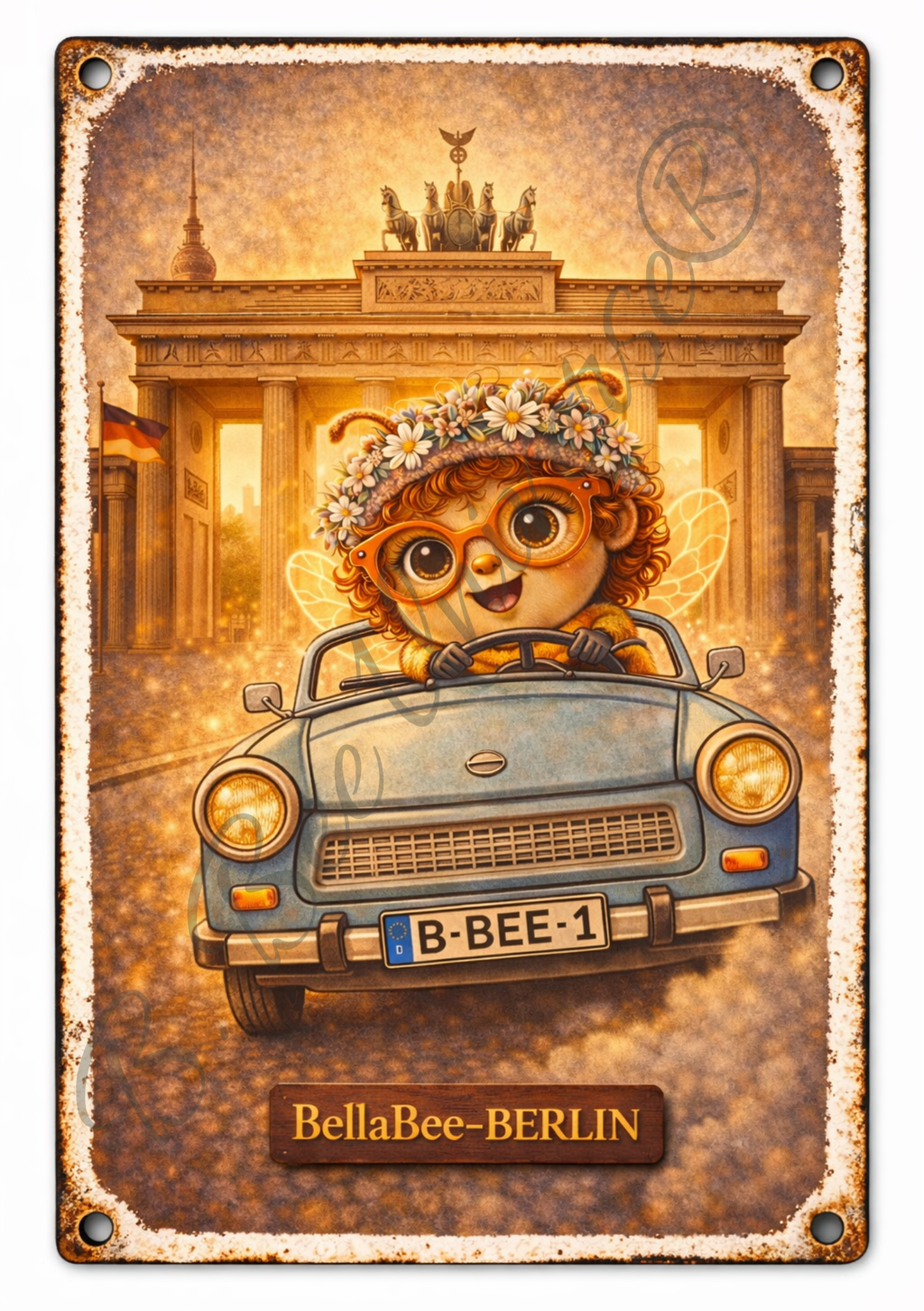 Emaille-Schild, Belle Bee im Trabbi - Berlin Edition