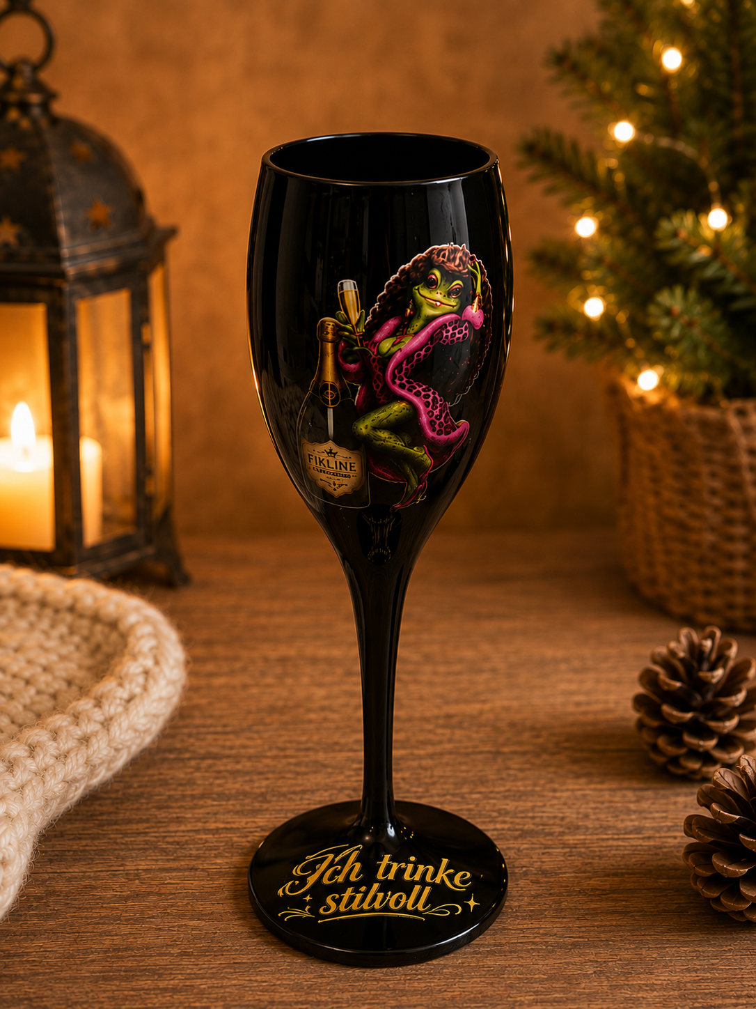 Schwarzes Sektglas „Fikline die Froschkönigin“